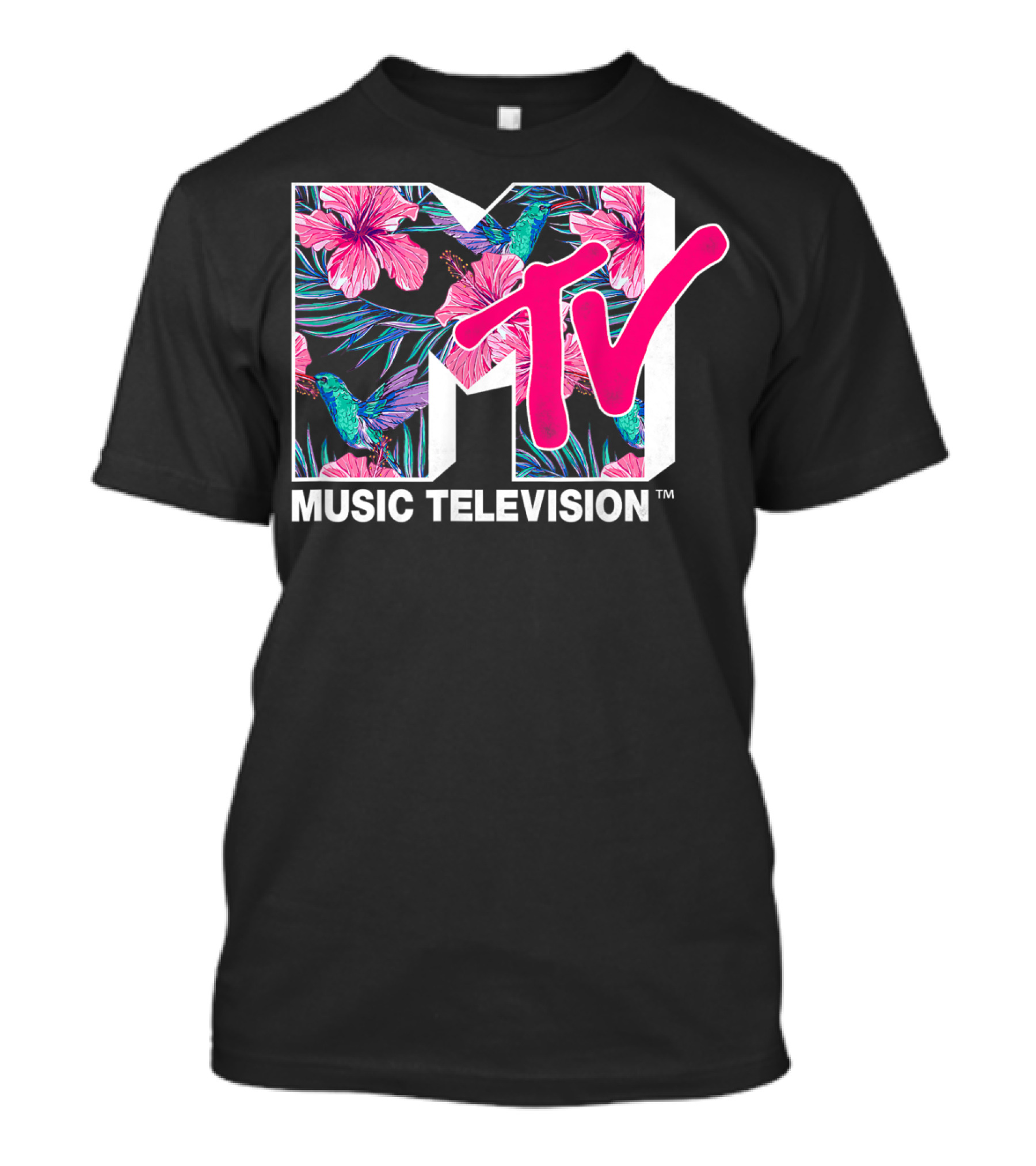 MTV Music Television Hummingbird Tropical Flower Fill T-Shirt
