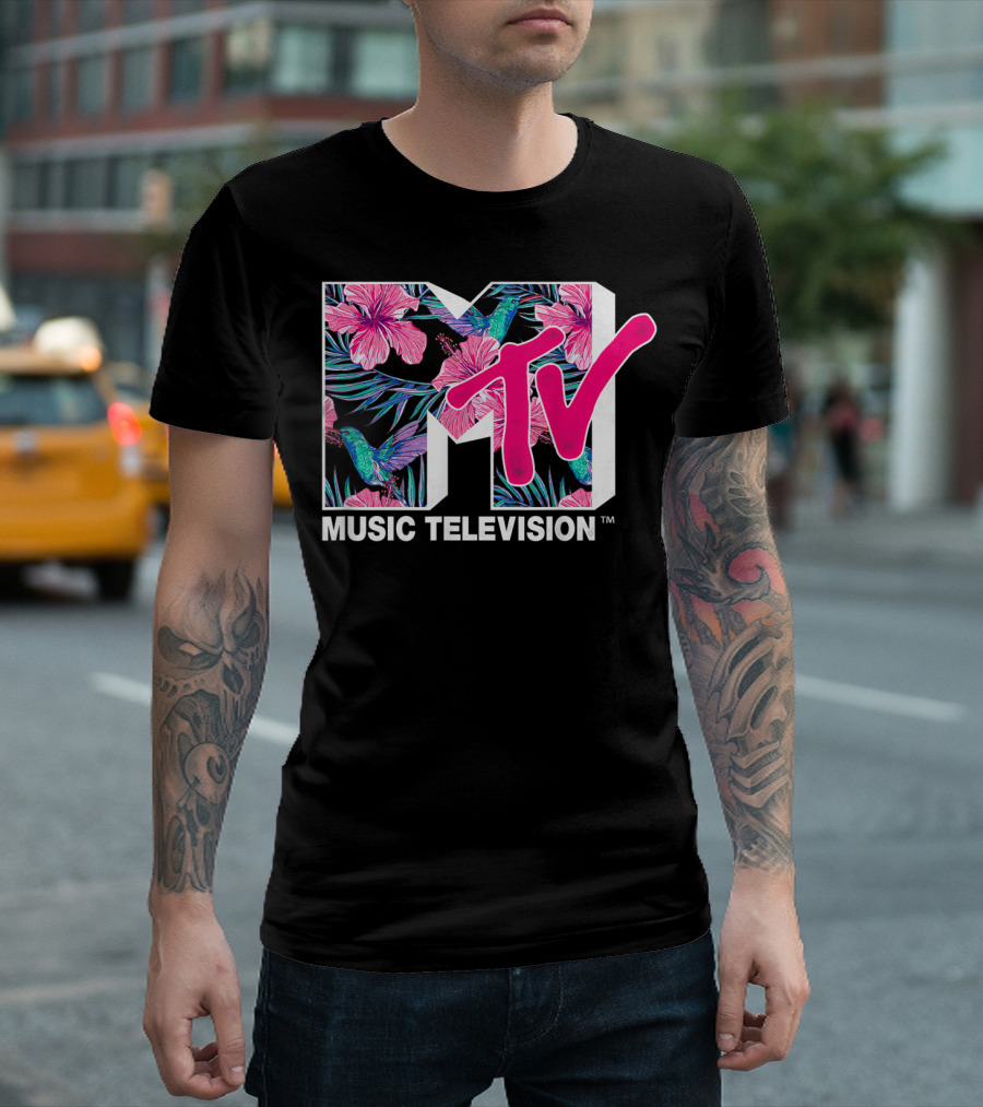 MTV Music Television Hummingbird Tropical Flower Fill T-Shirt