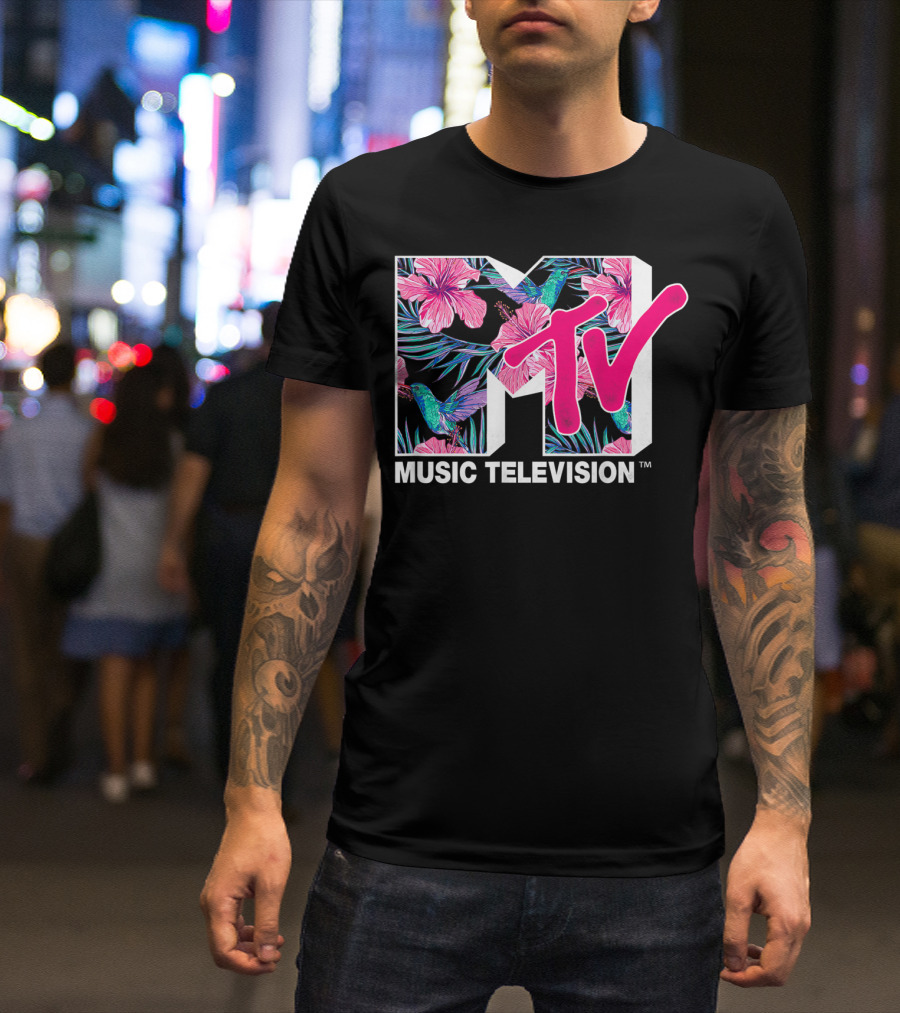 MTV Music Television Hummingbird Tropical Flower Fill T-Shirt