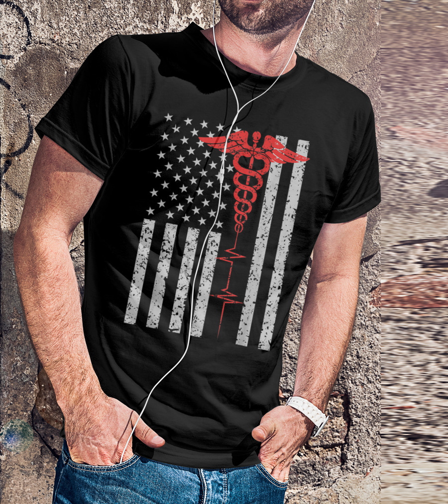 American Flag Caduceus Emblem Nurse Thin Red Line T-Shirt