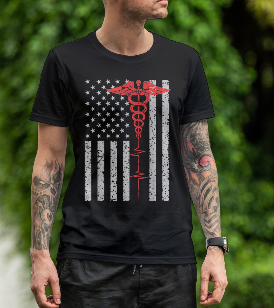 American Flag Caduceus Emblem Nurse Thin Red Line T-Shirt