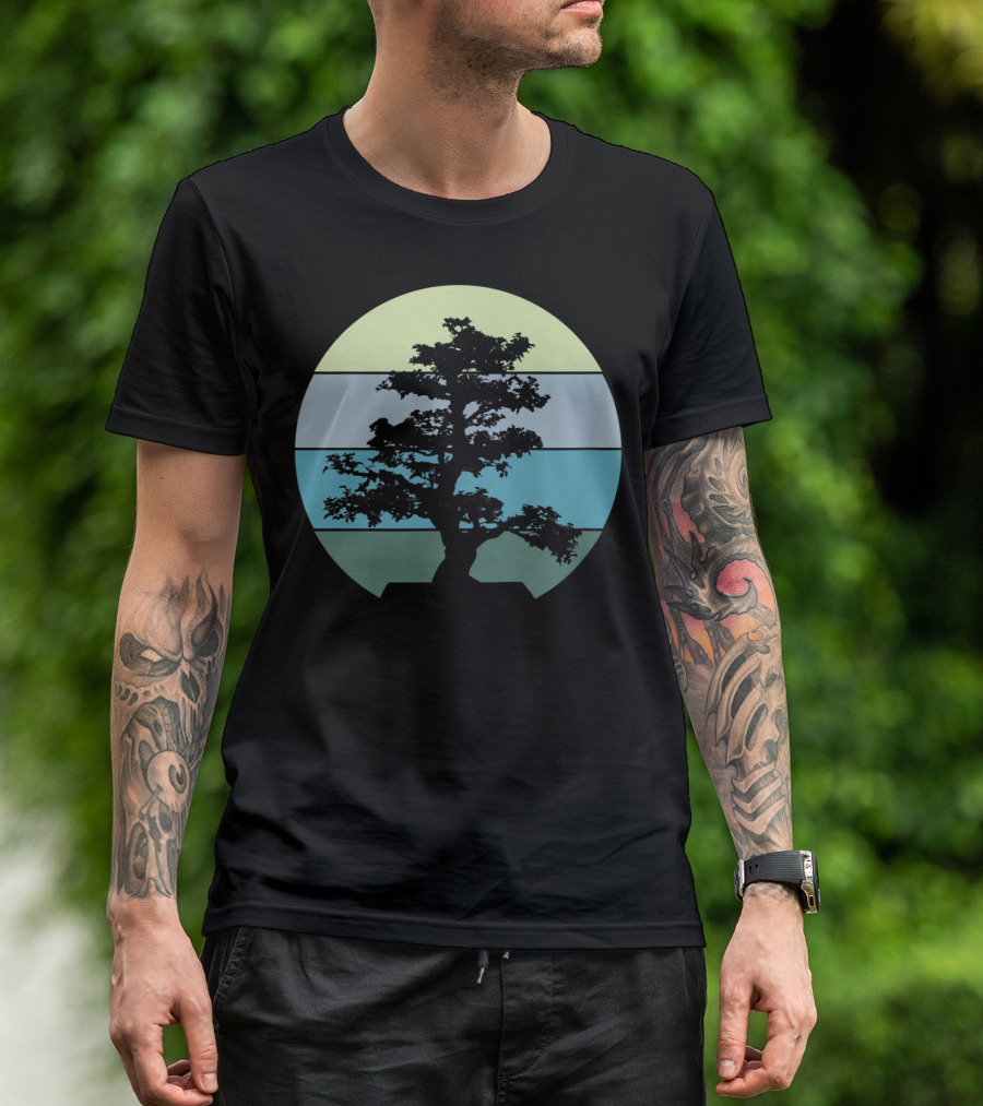 Bonsai Tree Silhouette Pacific Ocean Beach Sunset Colors T-Shirt