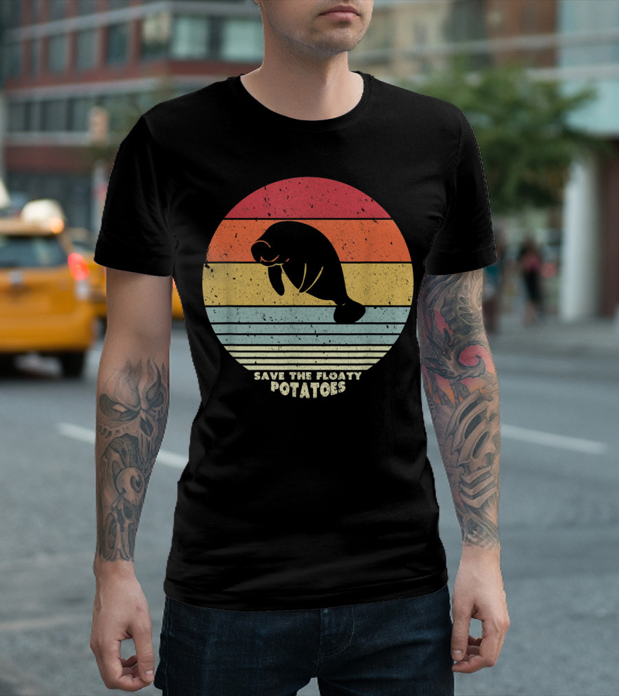 Save The Floaty Potatoes Retro Sunset Manatees T-Shirt