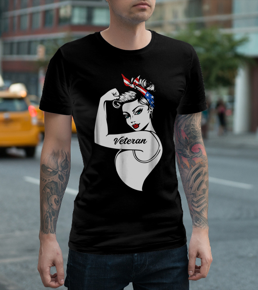Woman Veteran Strong With Patriotic Headband Iconic Pose T-Shirt