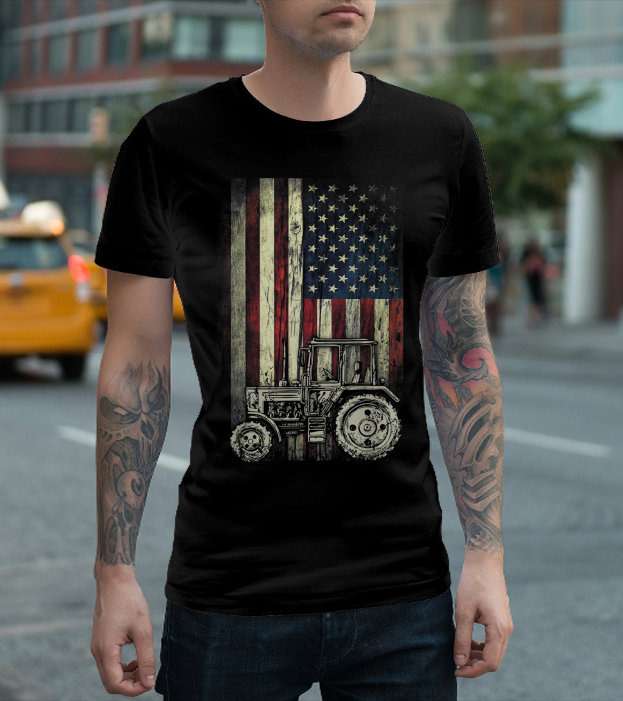 Tractor American Flag Patriotic Vintage Farming Rustic USA Pride T-Shirt