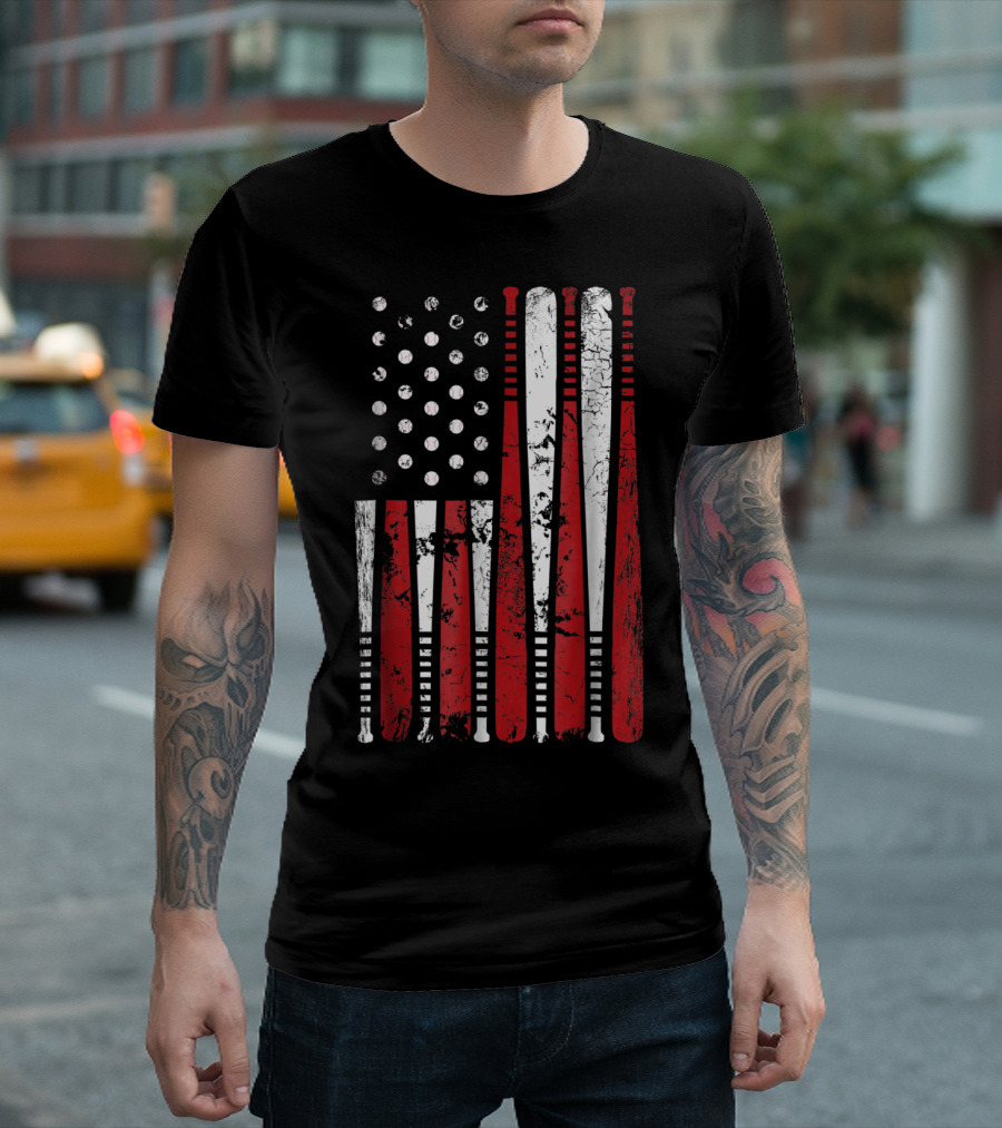 Vintage American USA Flag Baseball Bat T-Shirt