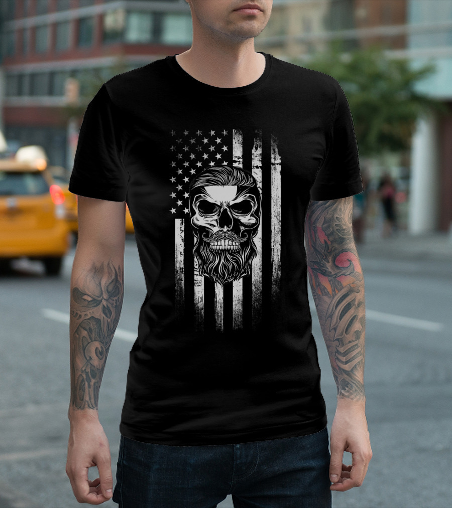 Beard American Flag Patriot Skull Bearded Funny American Flag T-Shirt