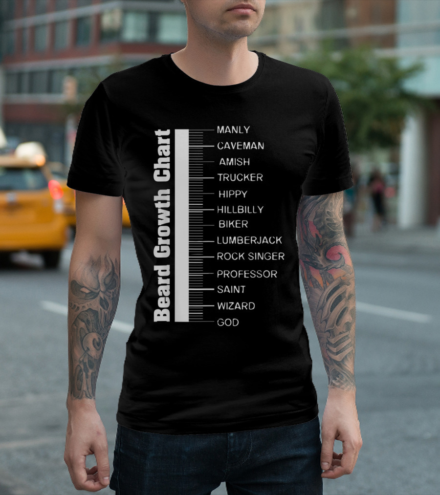 Beard Growth Chart Length Ruler Manly Caveman Amish Trucker Hippy Hillbilly Biker Lumberjack Rock Singer Professor Saint Wizard God T-Shirt