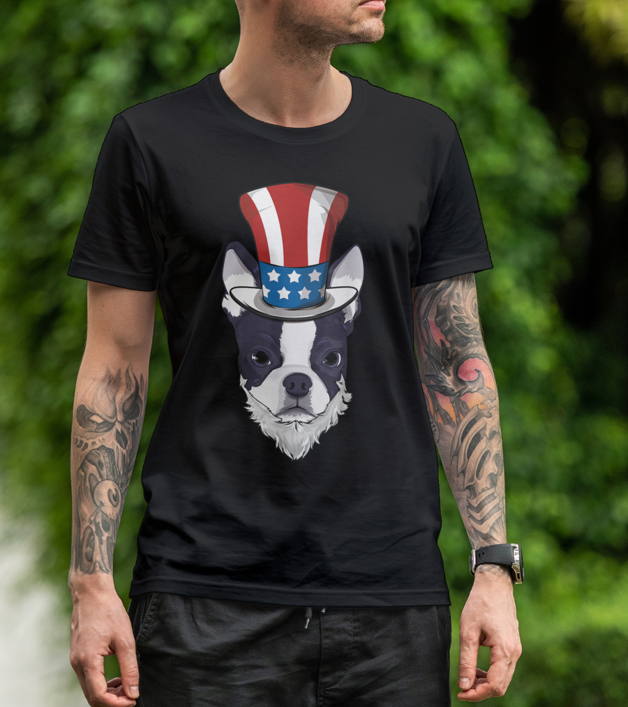 Boston Terrier Uncle Sam Hat Lincoln Beard 4th Of July T-Shirt