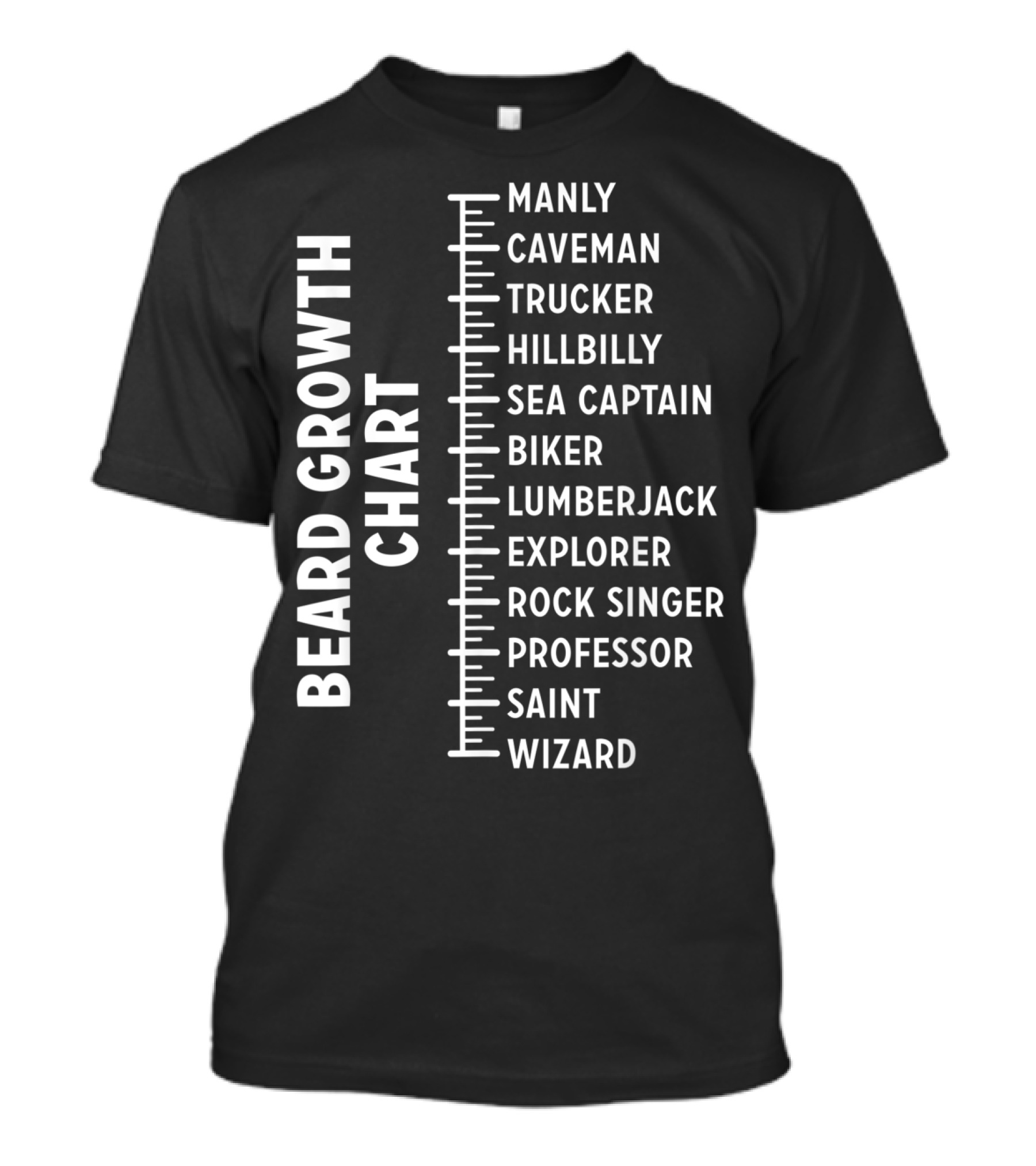 Beard Growth Chart Manly Caveman Trucker Hillbilly Sea Captain Biker Lumberjack Explorer Rock Singer Professor Saint Wizard T-Shirt