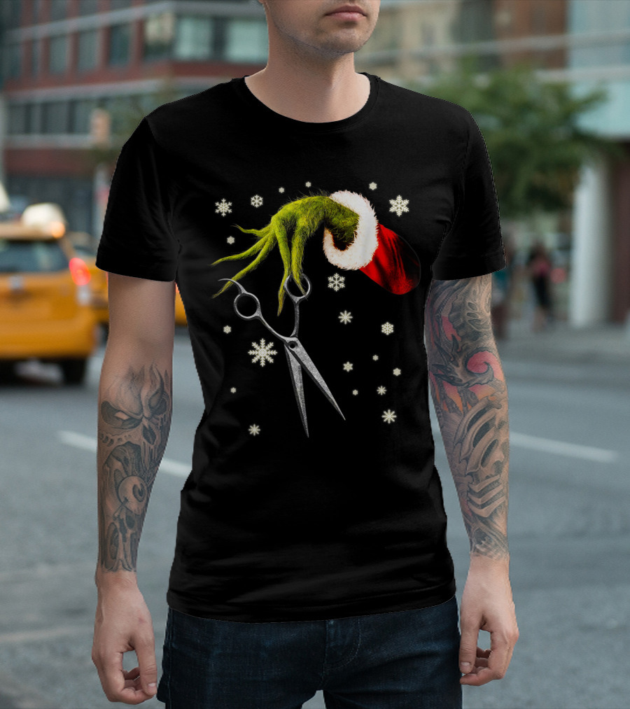 Funny Scissor Christmas Grinch Hairstylist Santa Hat Snowflakes T-Shirt