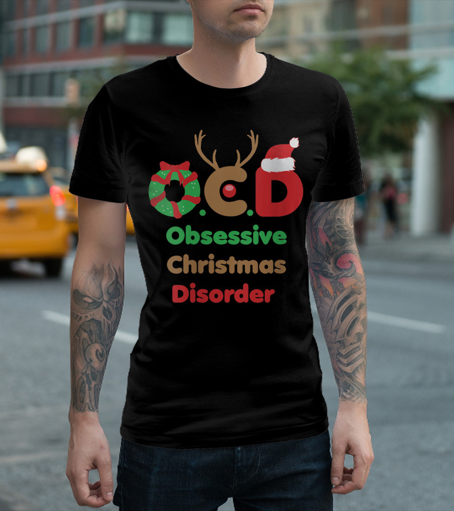 OCD Obsessive Christmas Disorder Reindeer Santa Hat Wreath T-Shirt