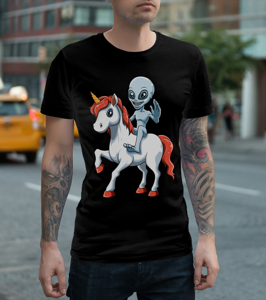 Alien Riding Unicorn Ufo Adventure T-Shirt