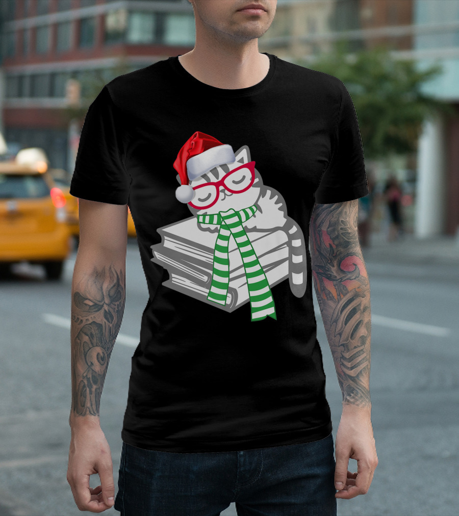 Cat Nerd Reader with Glasses and Festive Elf Hat and Scarf on Books T-Shirt
