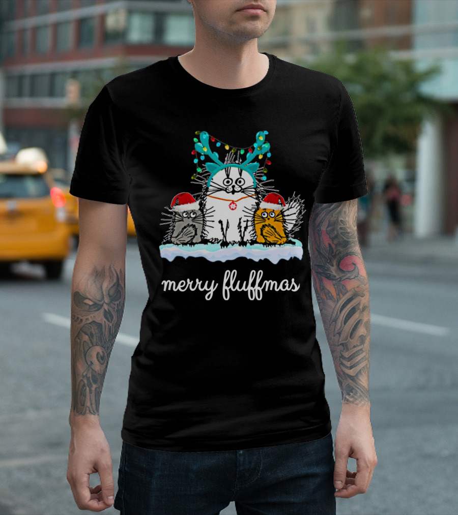 Merry Fluffmas Cats with Festive Hats and Lights T-Shirt