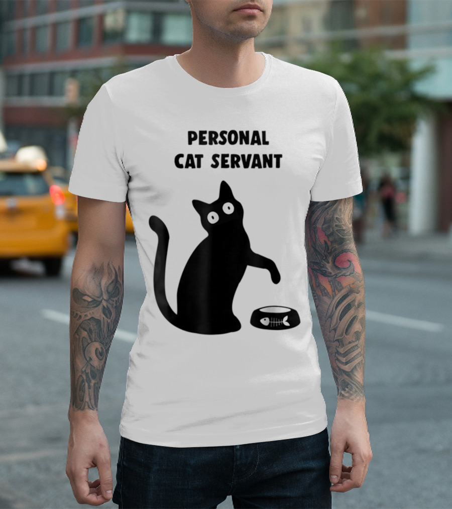 Personal Cat Servant Black Cat Lover with Fish Bowl T-Shirt