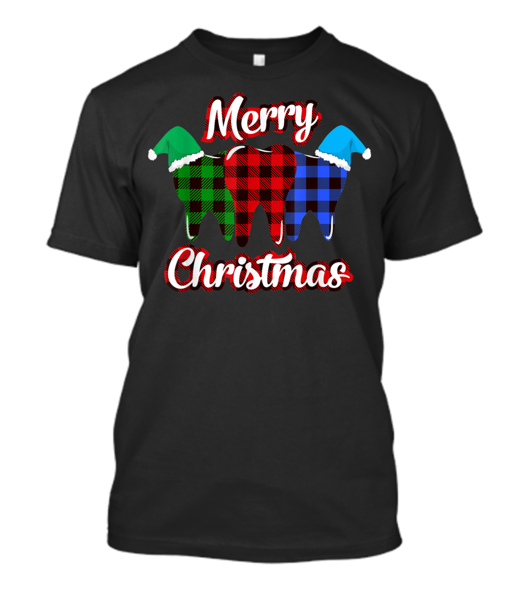 Merry Christmas Dental Plaid Tooth Santa Hats T-Shirt