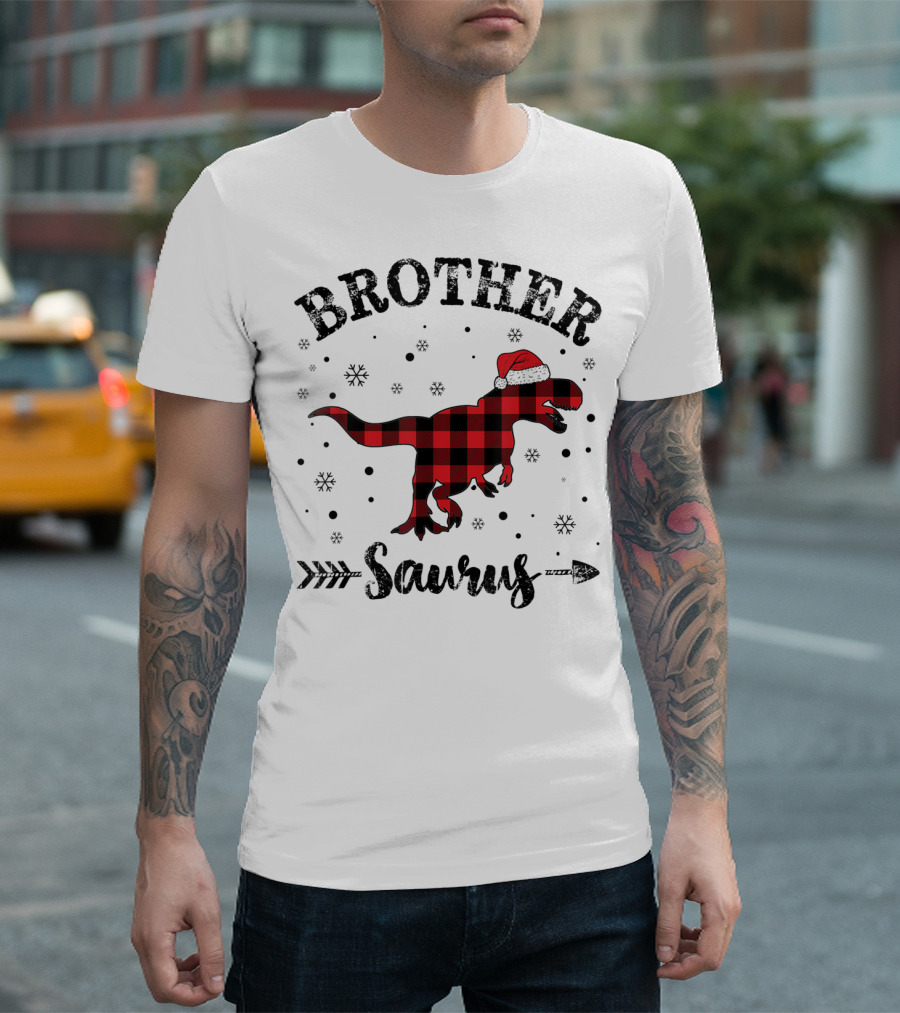 Brother Saurus Red Plaid Dinosaur Santa Hat T-Shirt