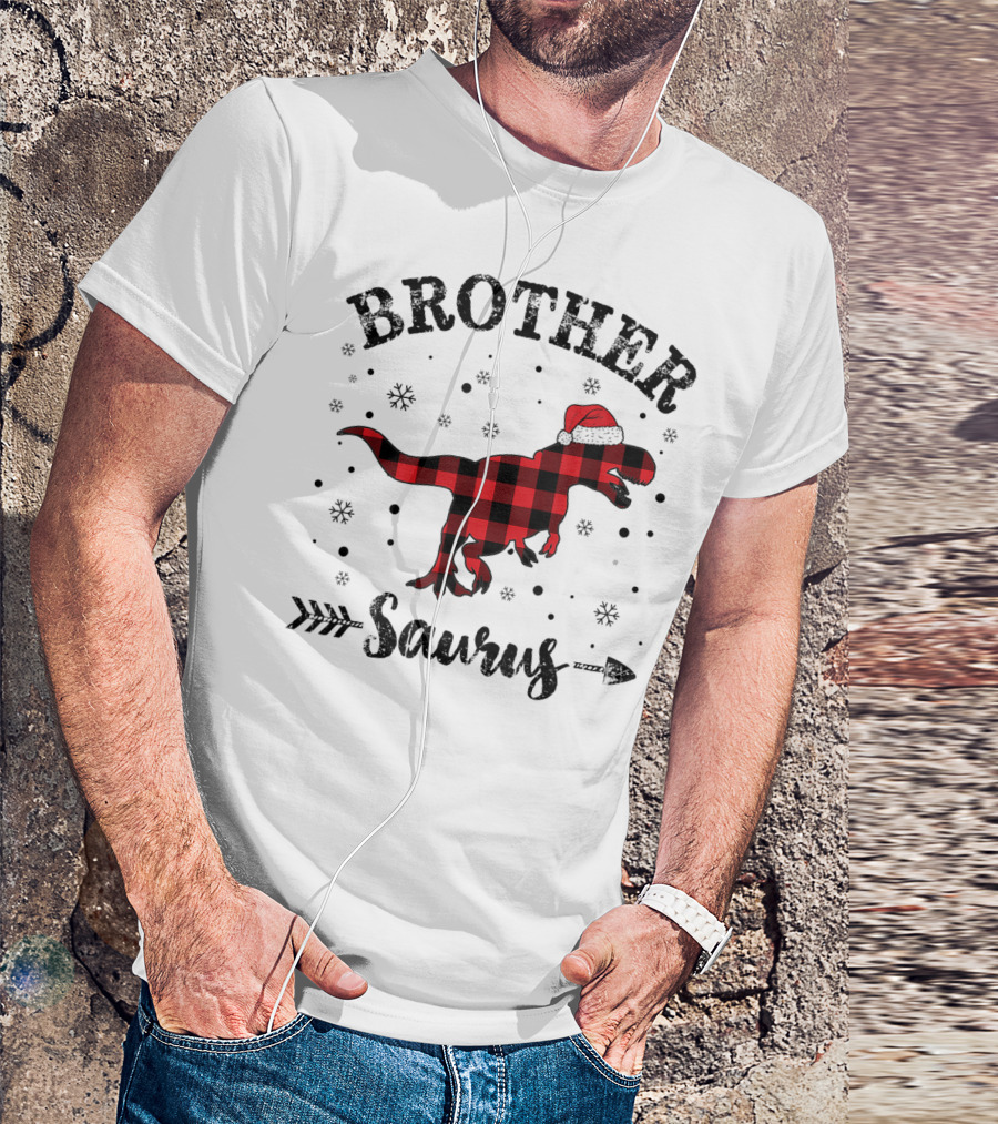 Brother Saurus Red Plaid Dinosaur Santa Hat T-Shirt