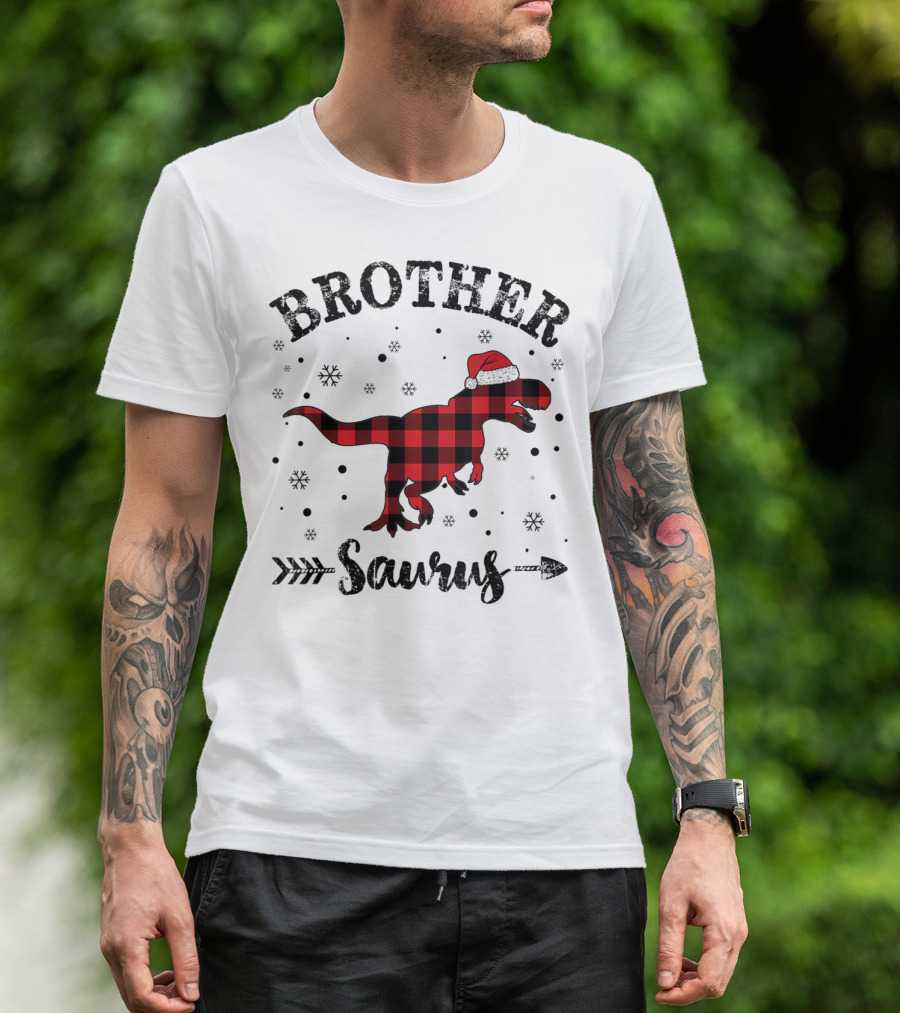 Brother Saurus Red Plaid Dinosaur Santa Hat T-Shirt