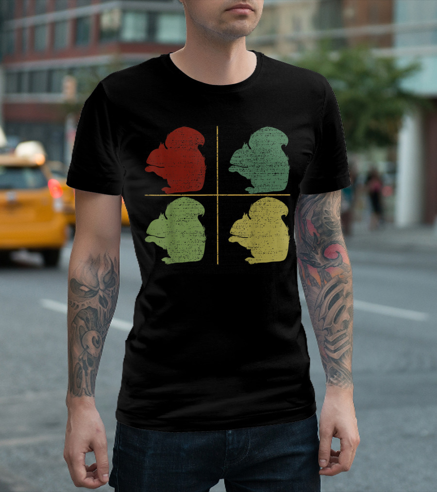 Retro Four-Color Squirrel Silhouette Grid T-Shirt