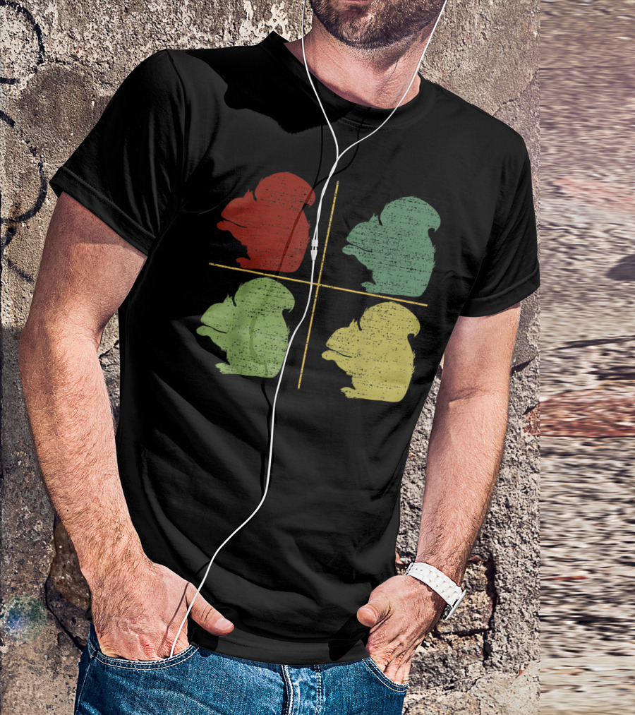 Retro Four-Color Squirrel Silhouette Grid T-Shirt