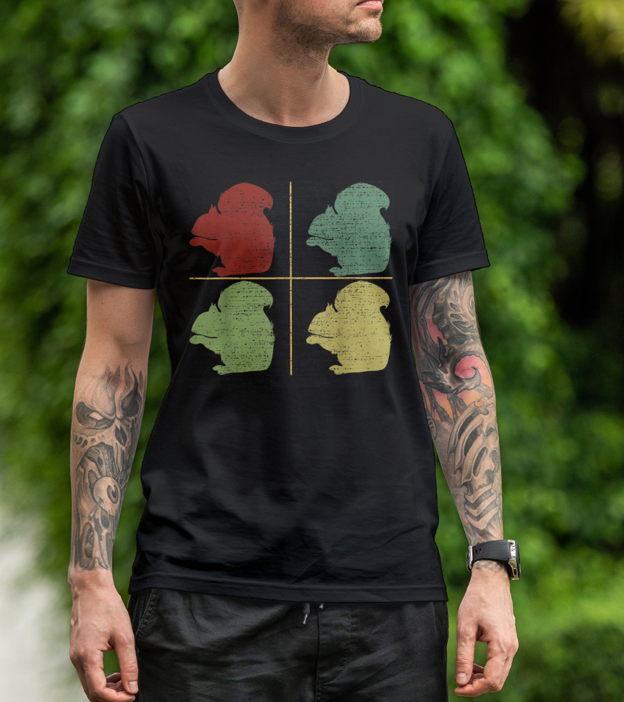 Retro Four-Color Squirrel Silhouette Grid T-Shirt
