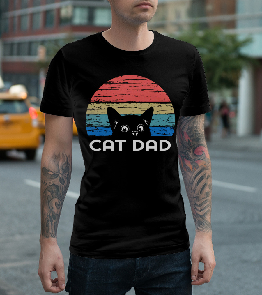 Retro Vintage Cat Dad For Cat Lovers Striped Sunset T-Shirt