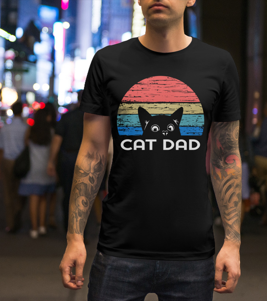 Retro Vintage Cat Dad For Cat Lovers Striped Sunset T-Shirt
