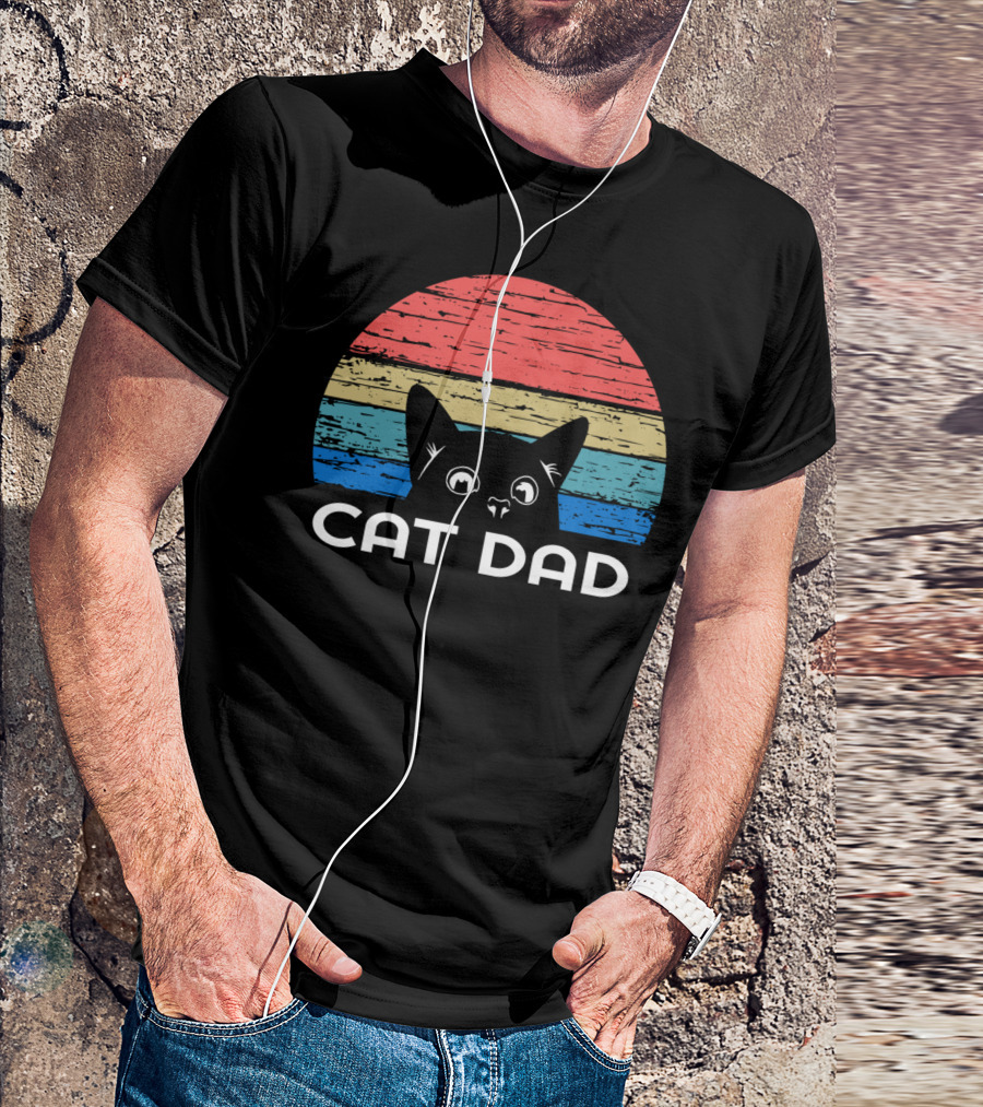 Retro Vintage Cat Dad For Cat Lovers Striped Sunset T-Shirt