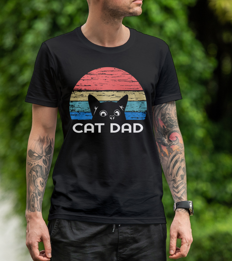 Retro Vintage Cat Dad For Cat Lovers Striped Sunset T-Shirt