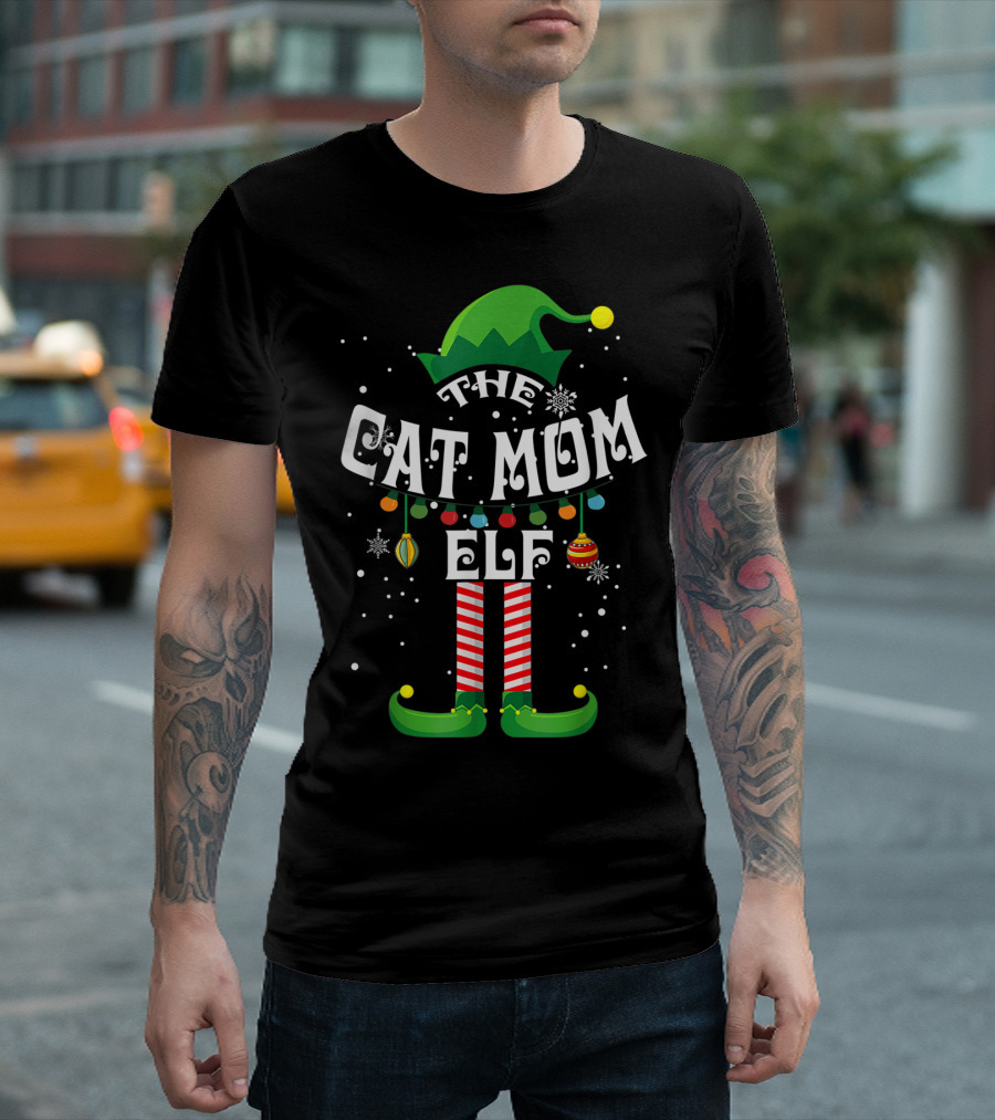 The Cat Mom Elf Holiday Family Group Santa Hat Striped Stockings T-Shirt