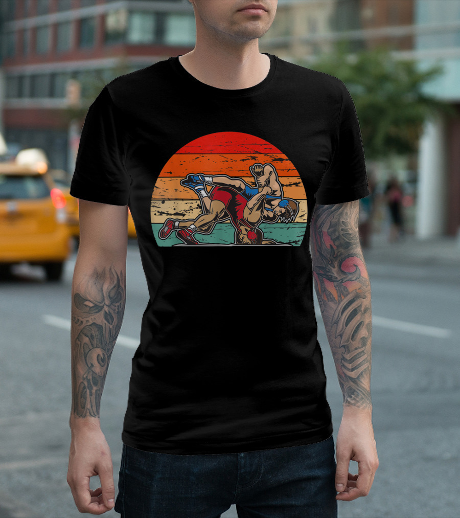 Vintage Wrestling Two Wrestlers Retro Sunset Showdown T-Shirt