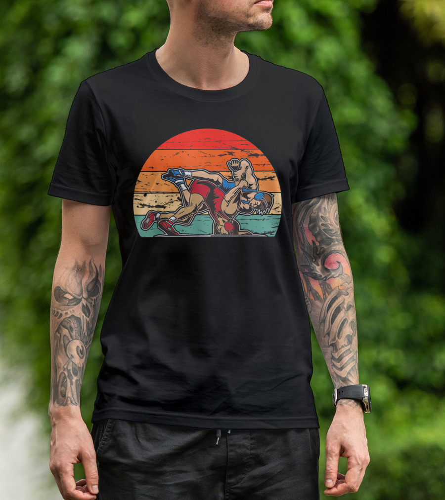 Vintage Wrestling Two Wrestlers Retro Sunset Showdown T-Shirt