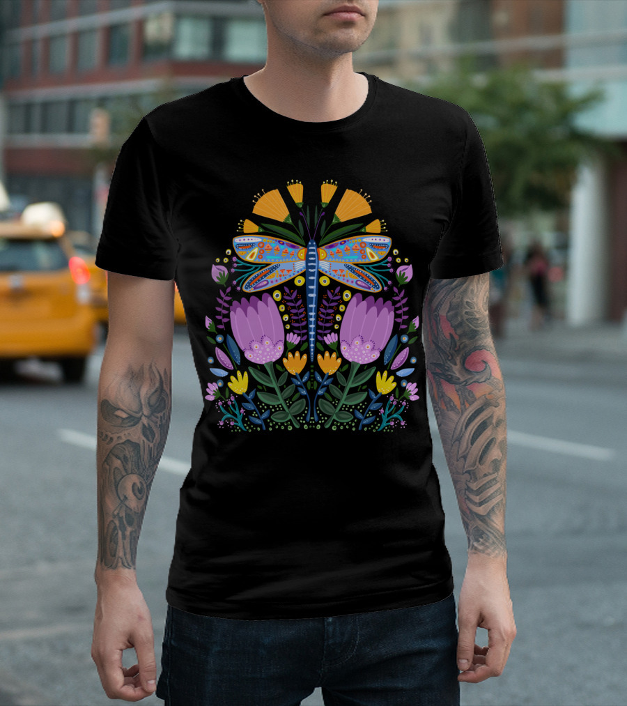 Women's Folk Art Dragonfly Floral 설정 T-Shirt