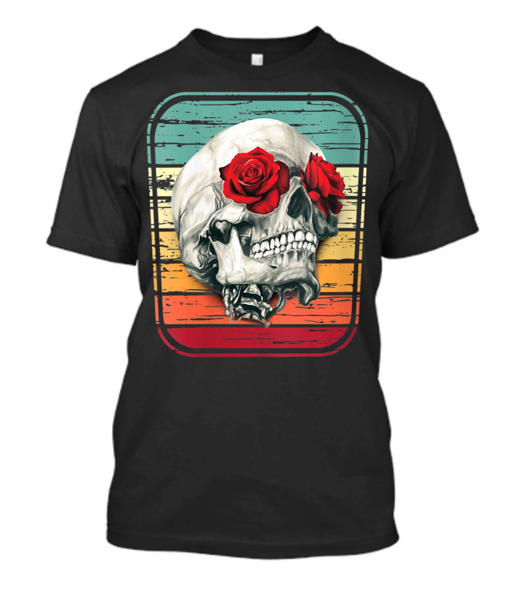 Vintage Skull With Roses On Retro T-Shirt