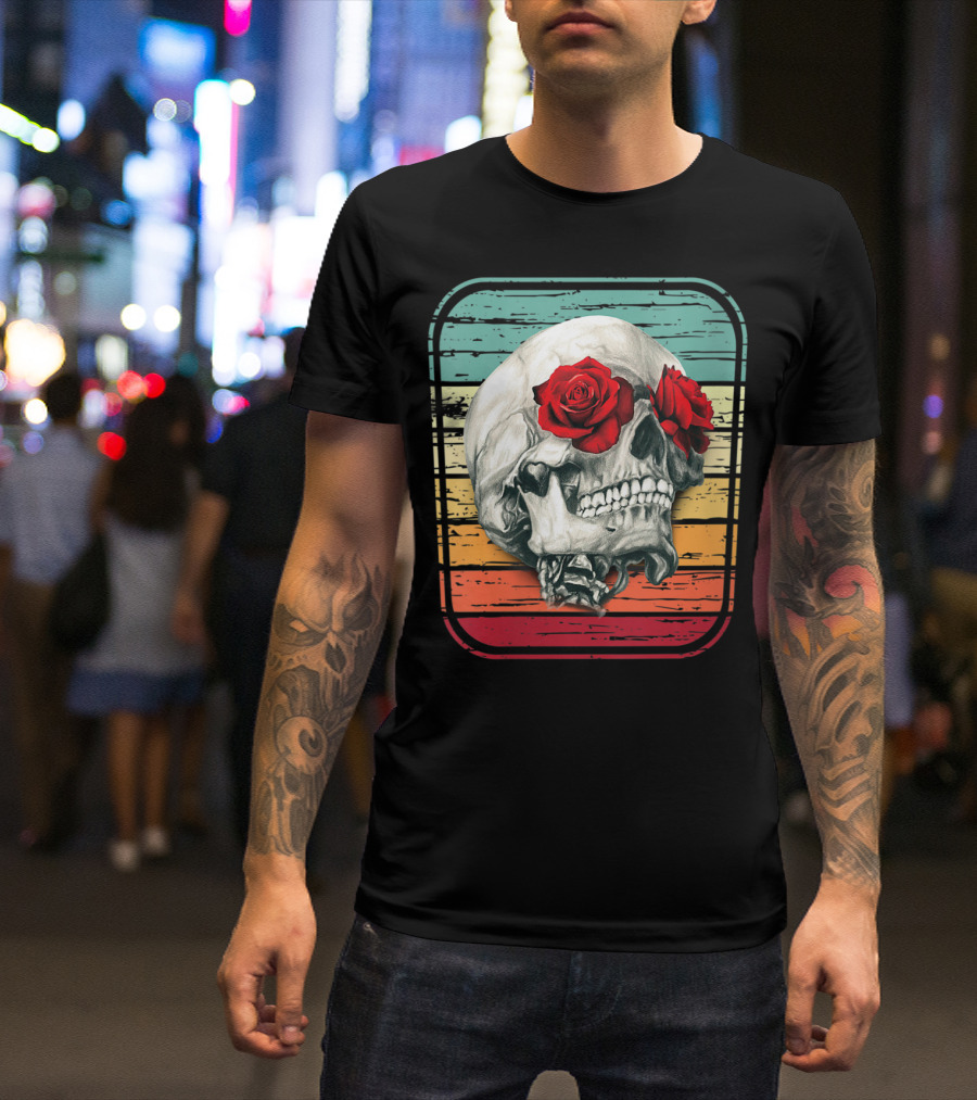 Vintage Skull With Roses On Retro T-Shirt