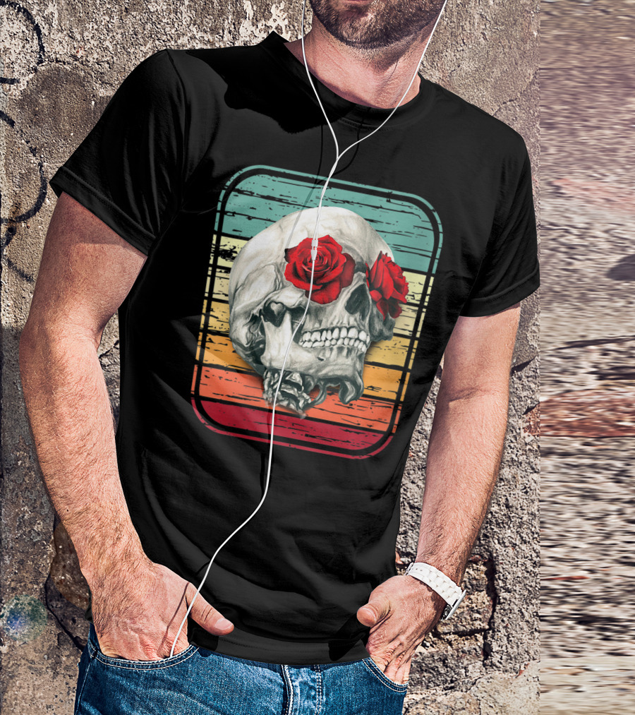 Vintage Skull With Roses On Retro T-Shirt