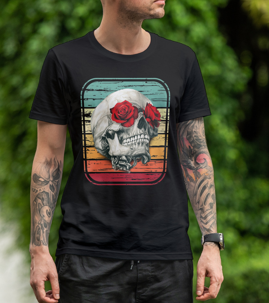 Vintage Skull With Roses On Retro T-Shirt