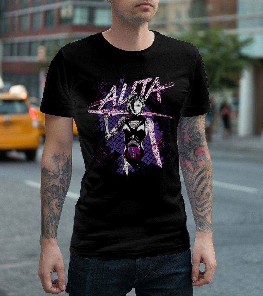 Alita Battle Angel Sword Pose with Patterned Background T-Shirt