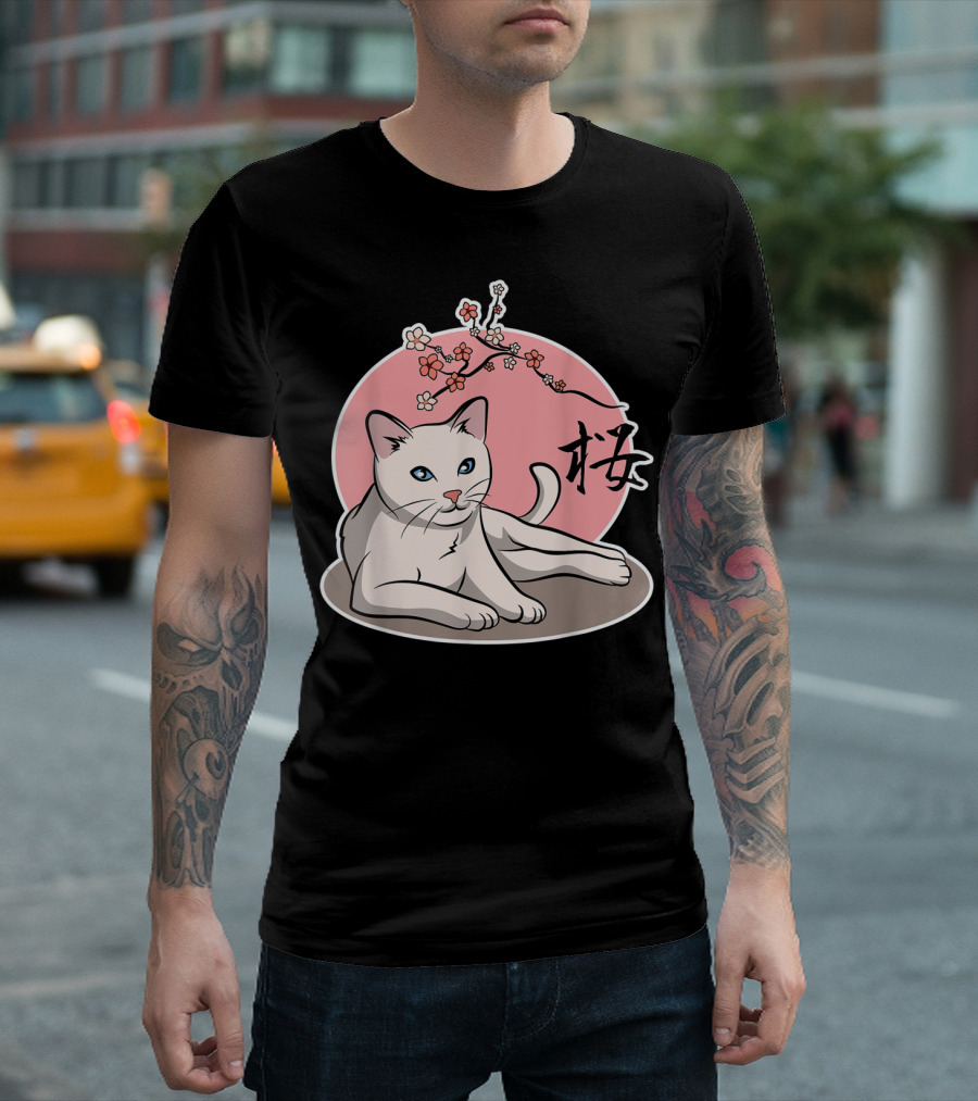 Cat Sakura Cherry Blossom Japanese T-Shirt