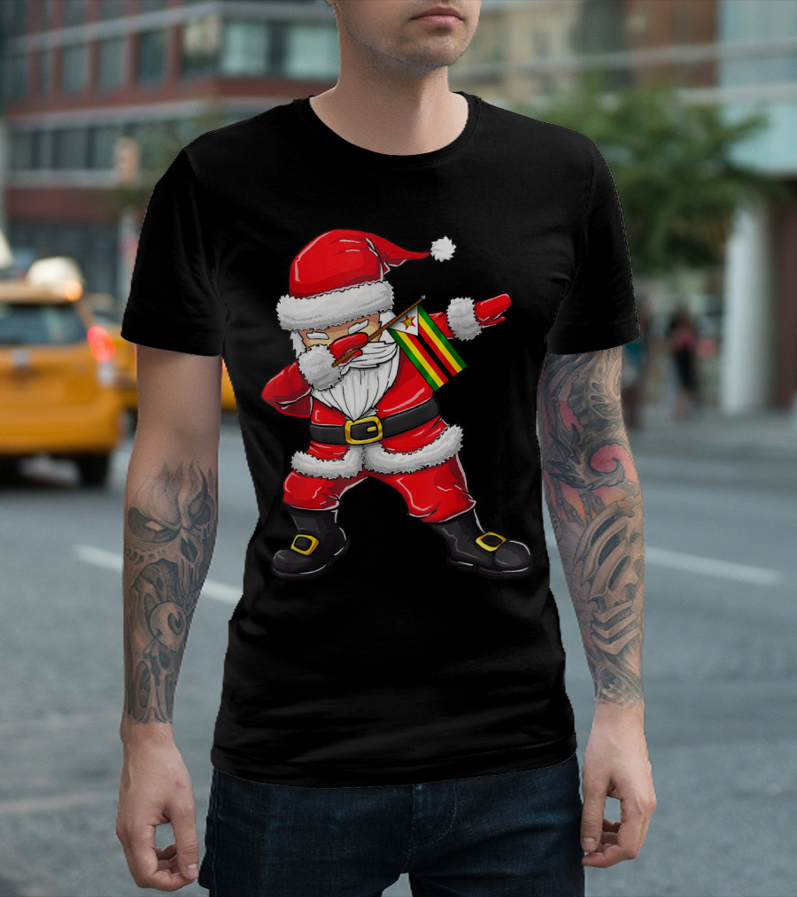 Dabbing Santa Claus Holding Zimbabwe Flag T-Shirt