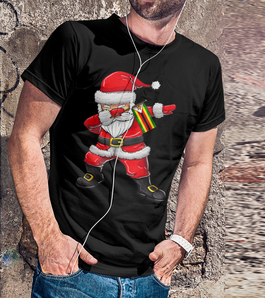 Dabbing Santa Claus Holding Zimbabwe Flag T-Shirt