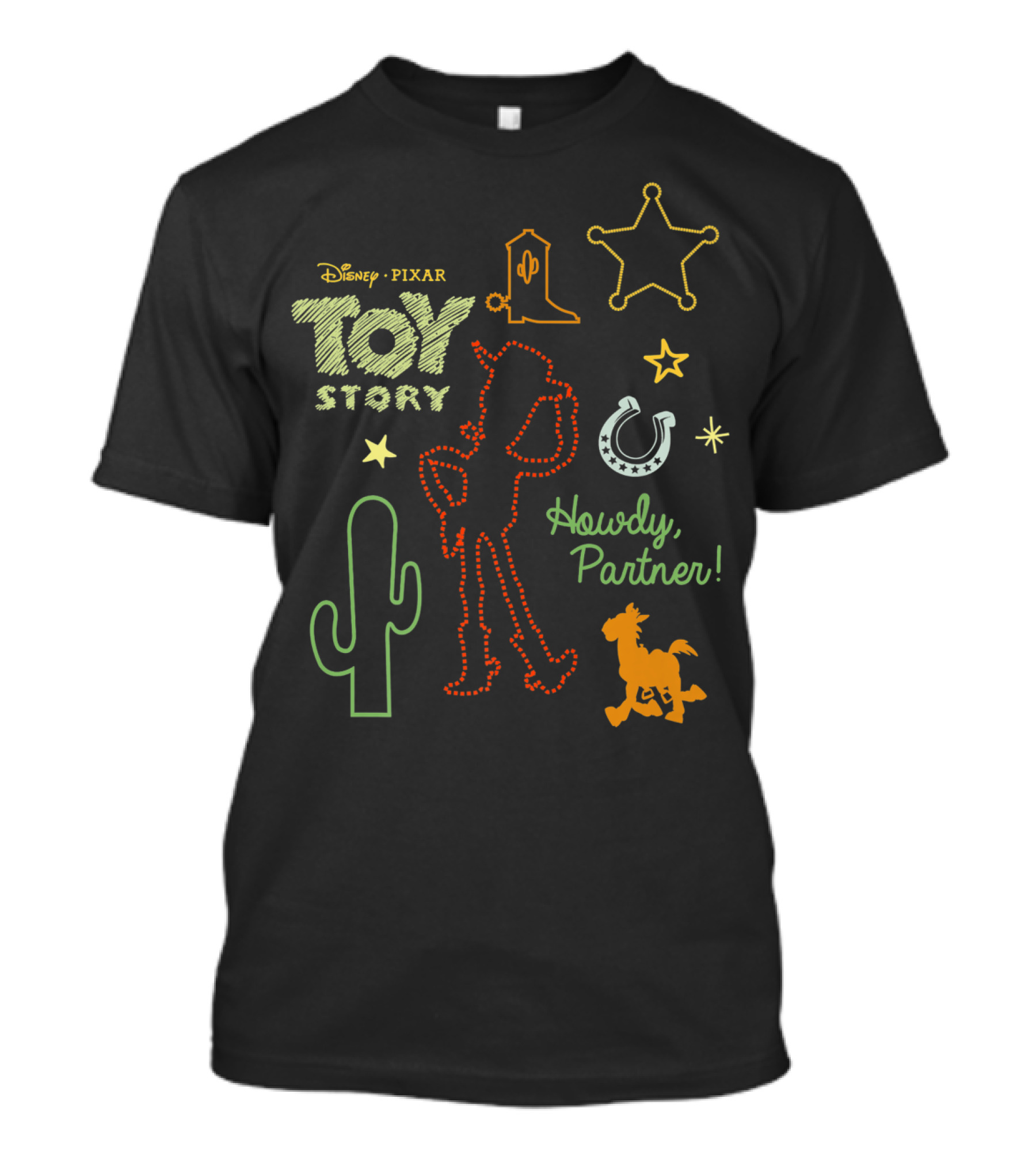 Disney Pixar Toy Story Howdy Partner Woody Cactus Star Cowboy Boot Horse T-Shirt