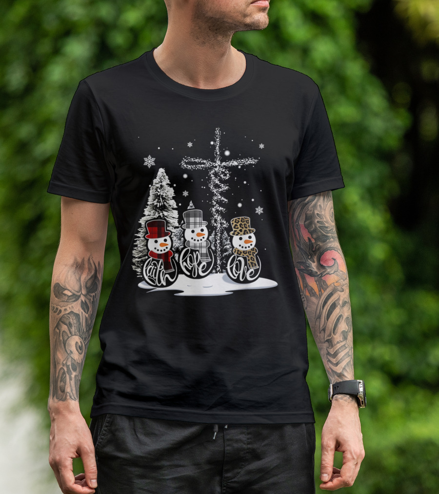 Faith Hope Love Snowman Christmas With Peaceful Hippie Flair T-Shirt
