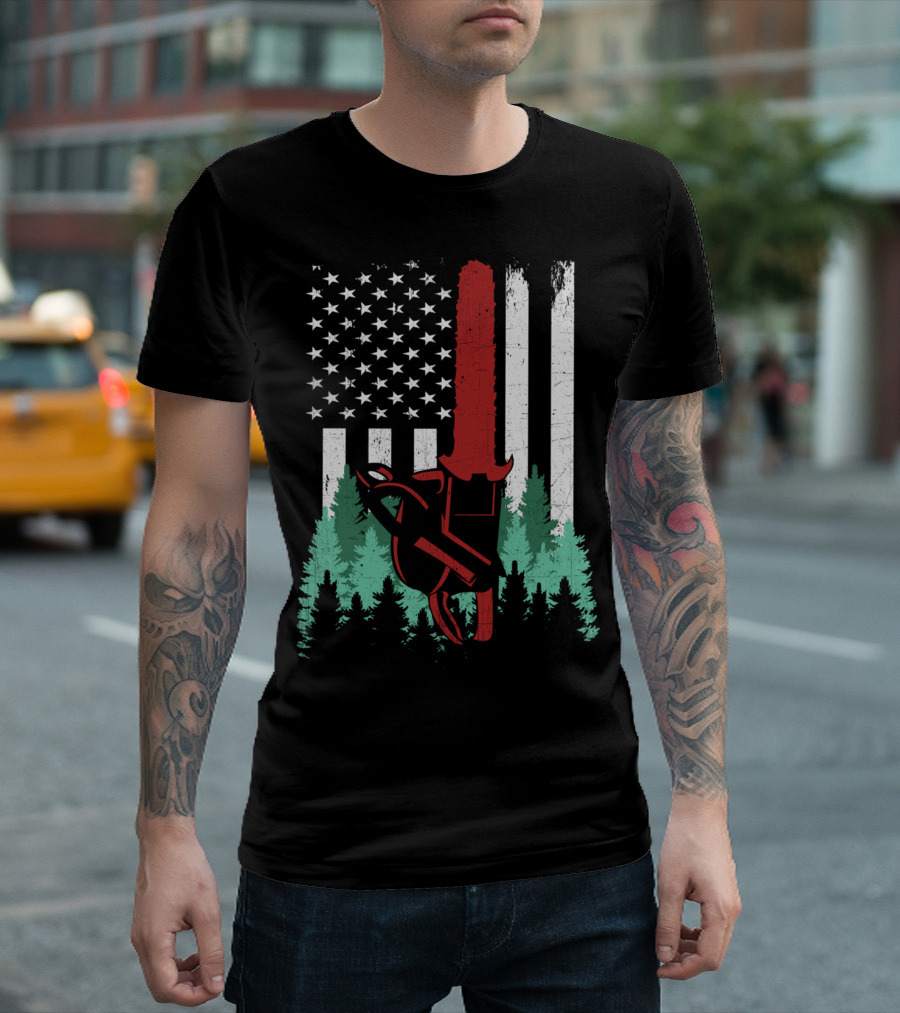 Thin Red Line Chainsaw Logger American Flag Forest Arborist Lumberjack T-Shirt