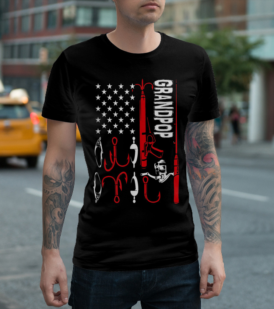 Grandpop Patriotic Fishing Hooks and Rods with American Stars T-Shirt