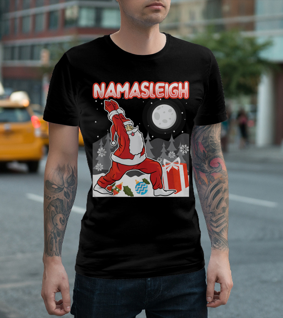 Namasleigh Santa Claus Yoga Pose with Moon and Snowflakes T-Shirt