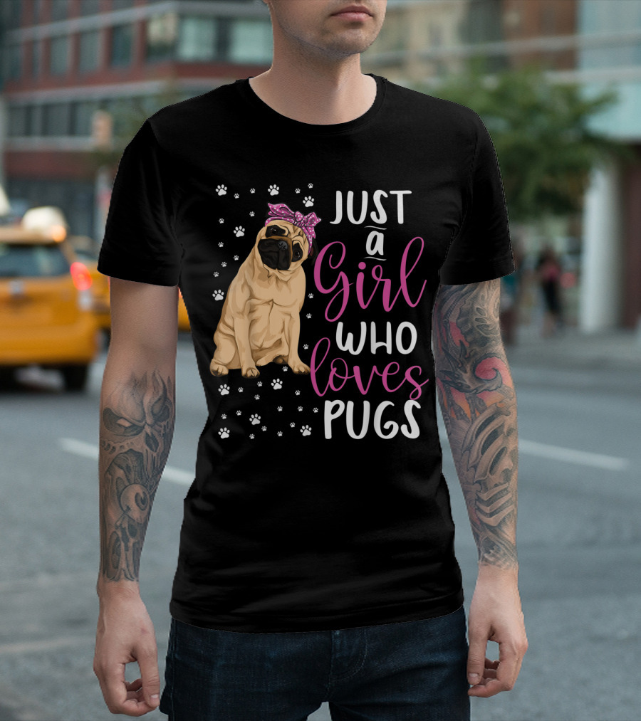 Just a Girl Who Loves Pugs with Pink Bow and Paw Prints T-Shirt