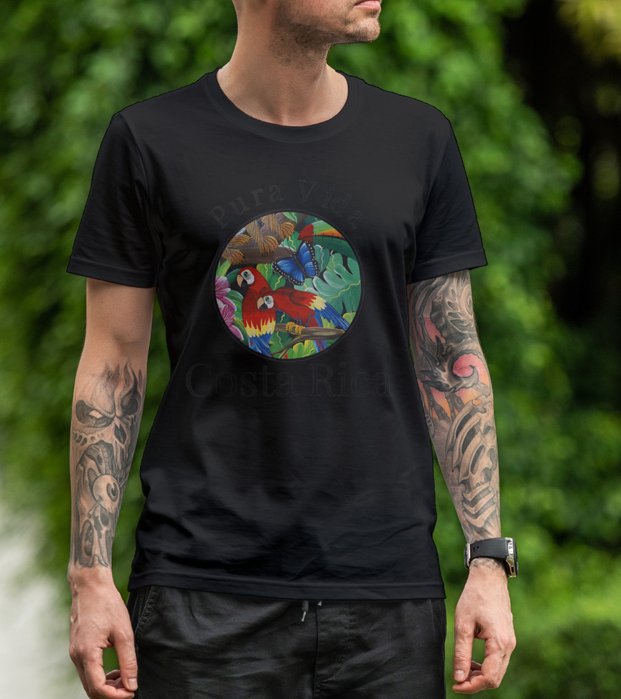 Pura Vida Costa Rica Parrot And Butterfly Tropical Scene T-Shirt